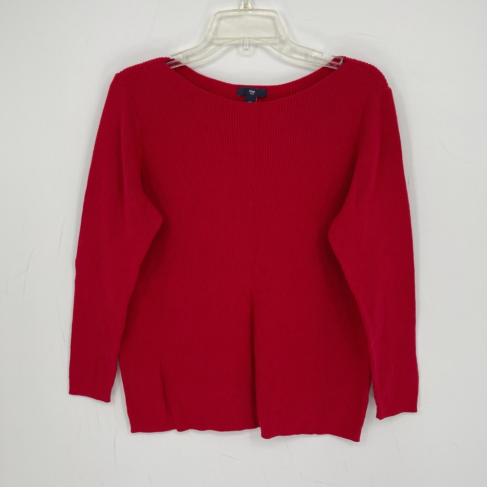 Gap Women's Red Ribbed Boat Neck Cotton Blend Pullover Knit Sweater Top Size L